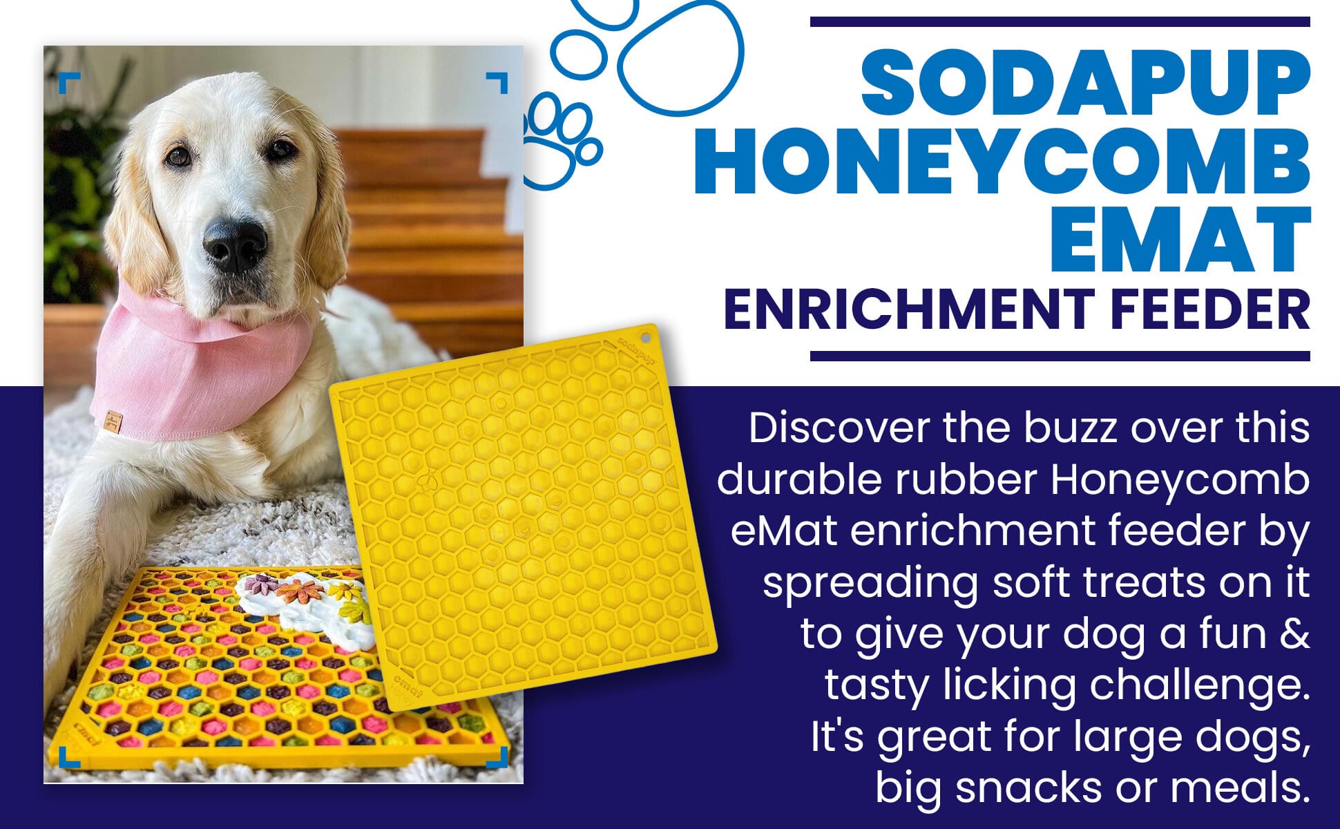 Large yellow Honeycomb Design EMAT Enrichment Lick Mat by SodaPup/True Dogs, LLC, featuring a honeycomb pattern for pet enrichment.