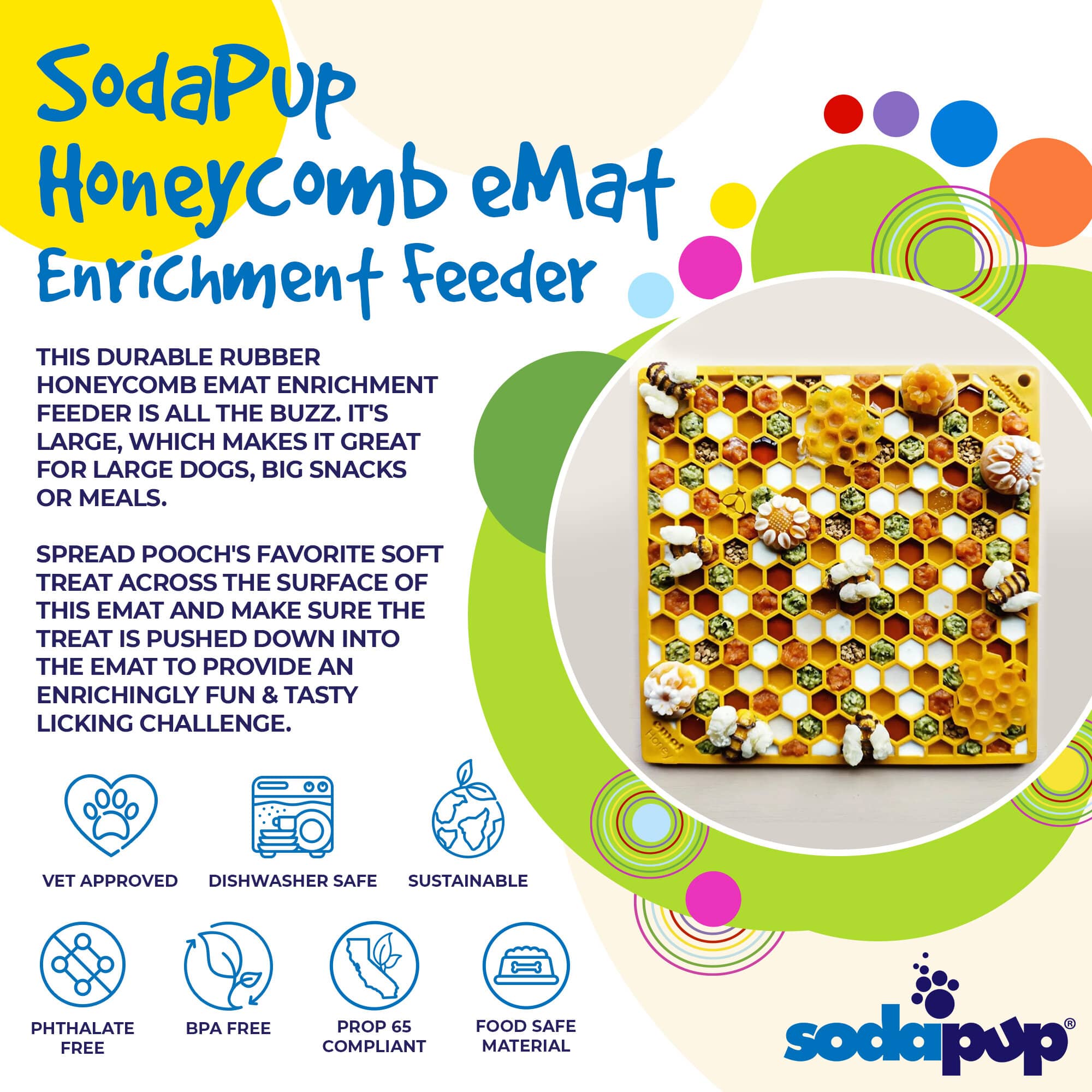 Large yellow Honeycomb Design EMAT Enrichment Lick Mat by SodaPup/True Dogs, LLC, featuring textured honeycomb surface for mental stimulation.
