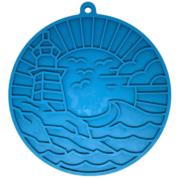 Sea foam blue Lighthouse eMat Enrichment Lick Mat with suction cups by SodaPup/True Dogs, designed for interactive pet enrichment.