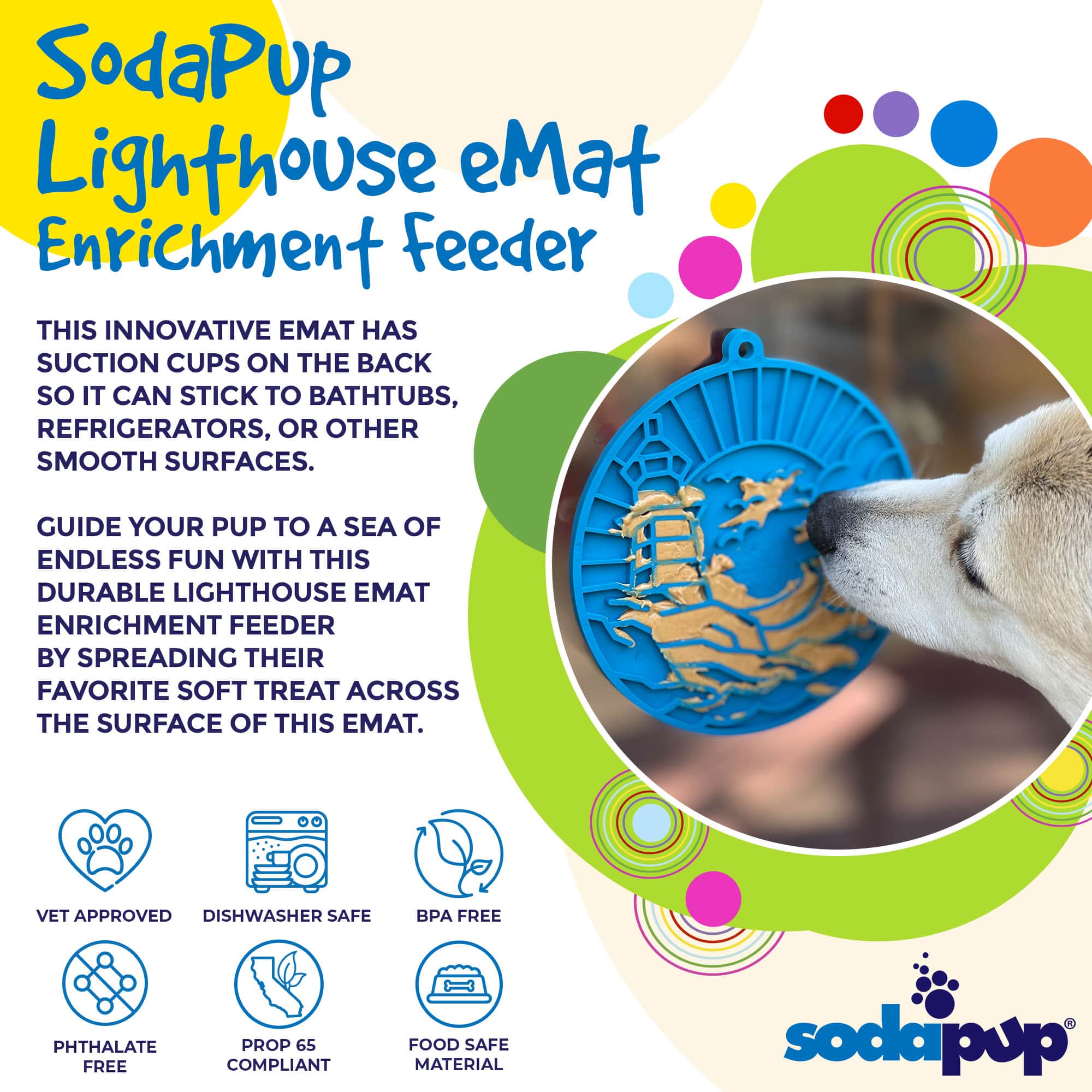 Sea foam blue Lighthouse eMat Enrichment Lick Mat with suction cups by SodaPup/True Dogs, featuring a lighthouse design for dog enrichment.