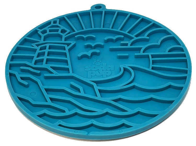 Sea foam blue Lighthouse eMat Enrichment Lick Mat with suction cups from SodaPup/True Dogs, LLC, designed for dog enrichment and bonding.