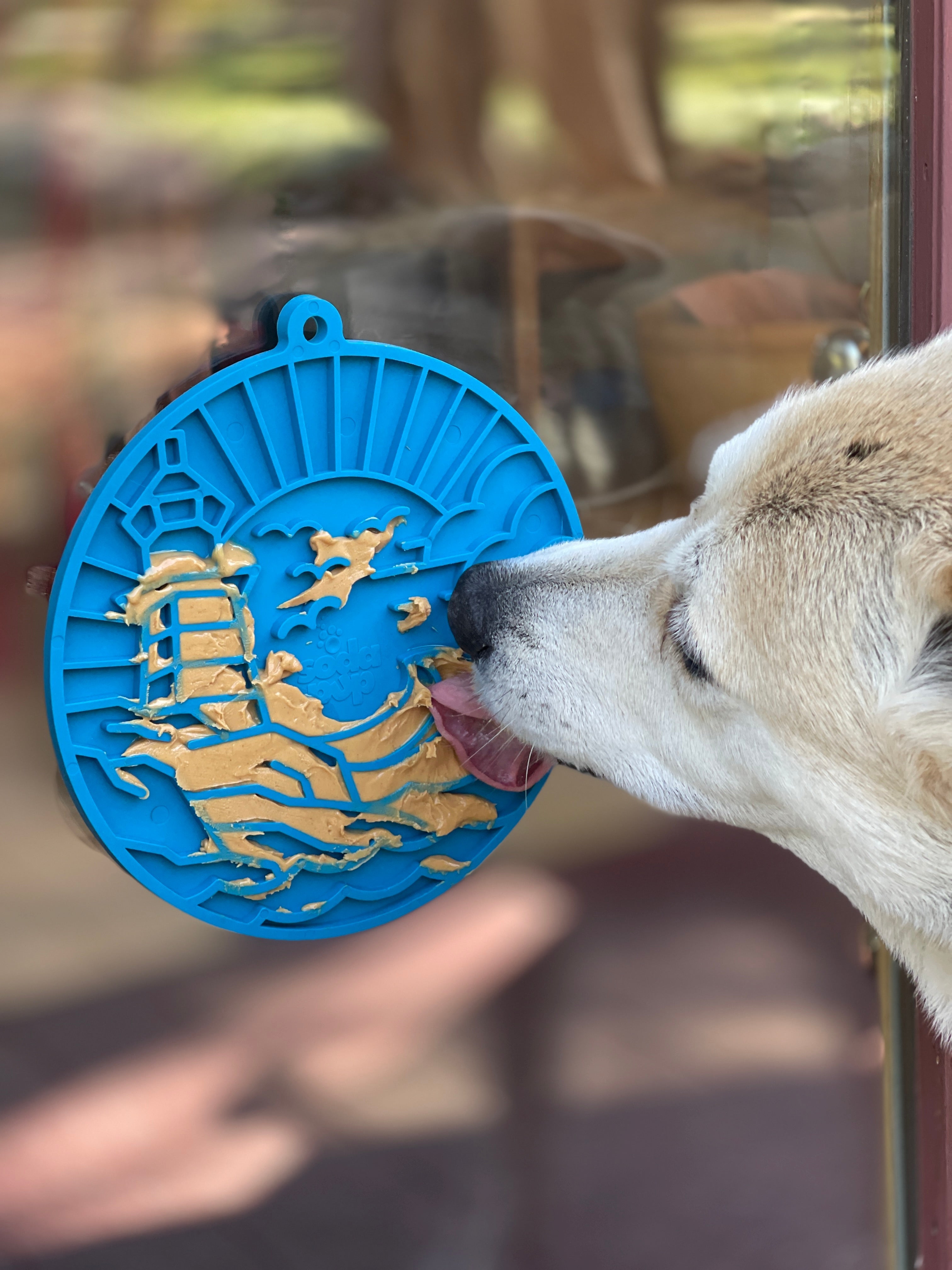 Seafoam blue Lighthouse eMat enrichment lick mat with suction cups from SodaPup/True Dogs, LLC for dog enrichment and fun.