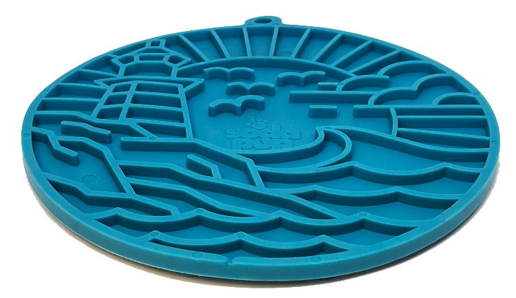 Blue Lighthouse EMAT enrichment lick mat with suction cups by SodaPup/True Dogs, LLC, designed for interactive dog enrichment.