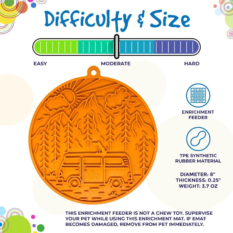 Orange Camp eMat Enrichment Lick Mat by SodaPup/True Dogs, LLC, featuring textured surface for engaging dog enrichment activities.