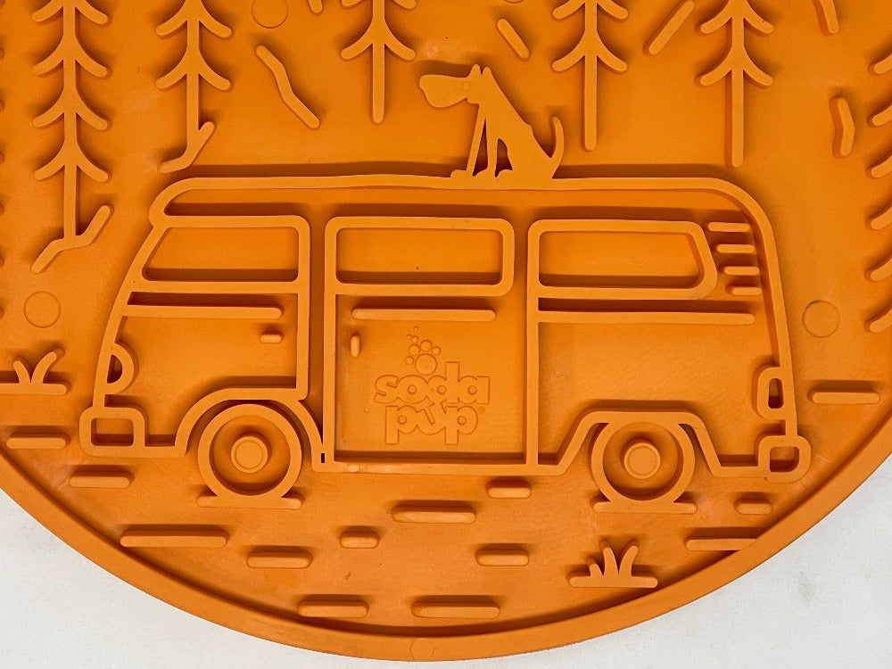Orange SodaPup EMAT Camp E-Mat enrichment lick mat for dogs, designed for mental stimulation and interactive play.
