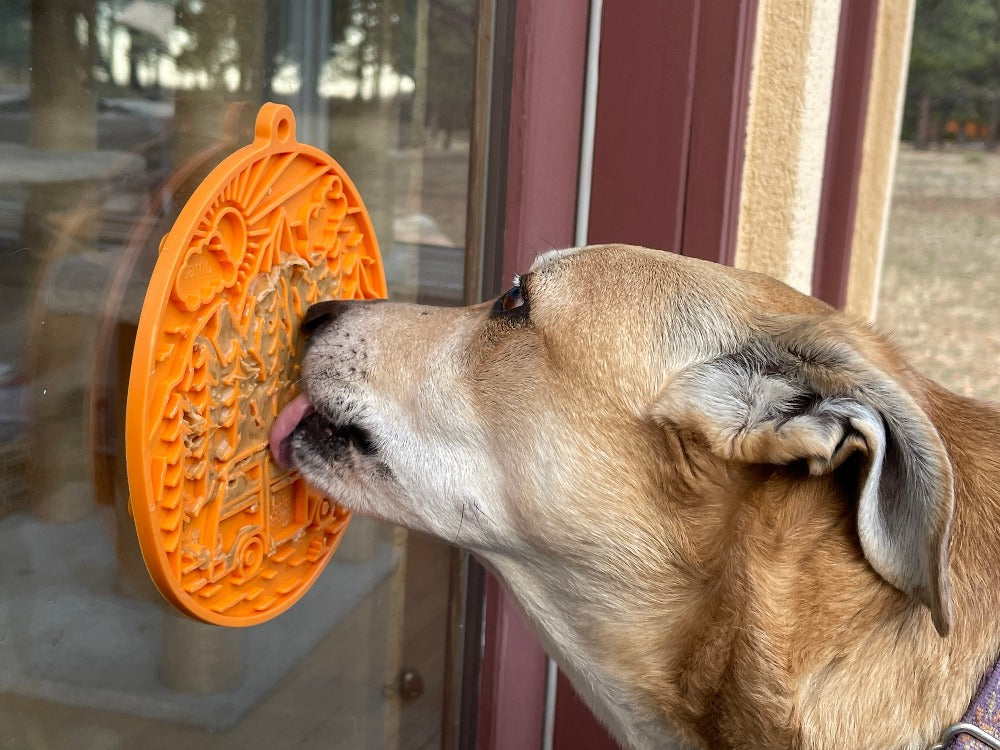 Orange SodaPup EMAT Camp eMat enrichment lick mat for dogs, featuring textured surface for mental stimulation and fun.