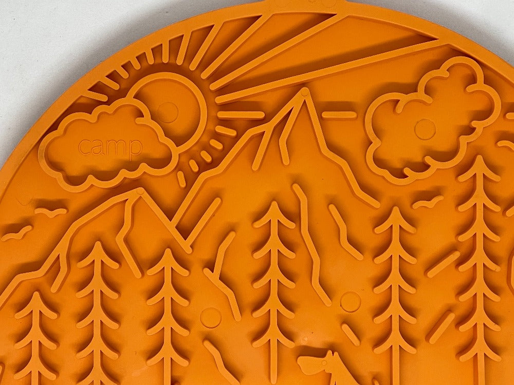 Orange SodaPup Camp eMat Enrichment Lick Mat for dogs, durable silicone design for mental stimulation and interactive feeding.