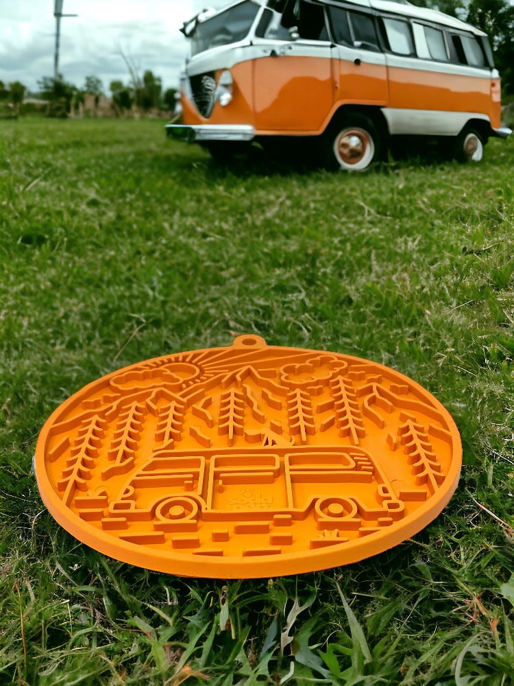 Orange Camp eMat Enrichment Lick Mat by SodaPup, durable silicone lick mat for dogs' mental stimulation and enrichment.