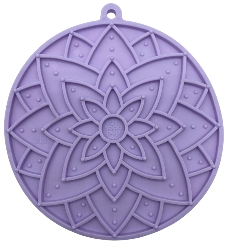 Pastel purple Lotus Design eMat enrichment lick mat with suction cups by SodaPup/True Dogs, LLC, for dog enrichment and mental stimulation.
