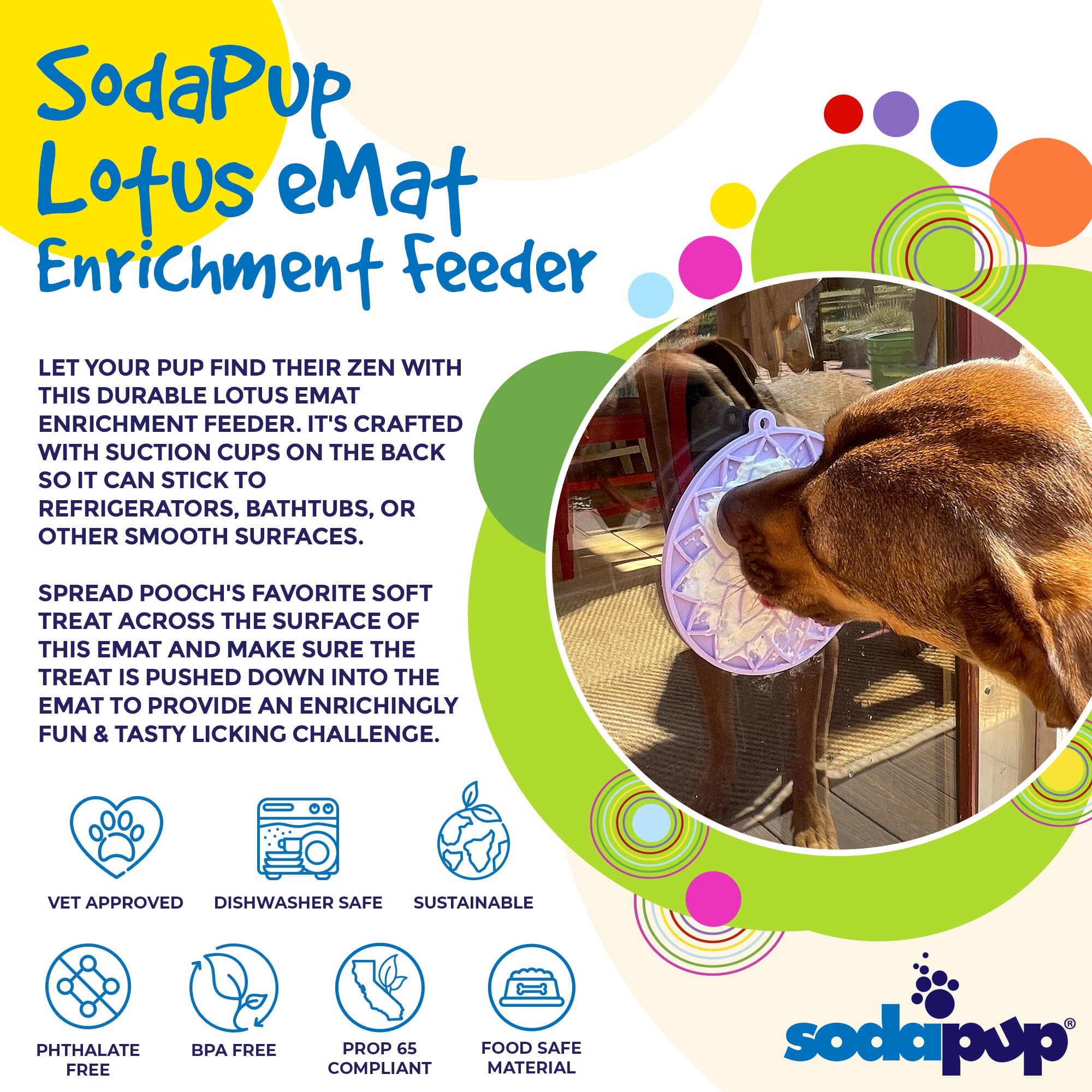 Pastel purple Lotus Design eMat Enrichment Lick Mat with suction cups by SodaPup for dog enrichment and oral engagement.