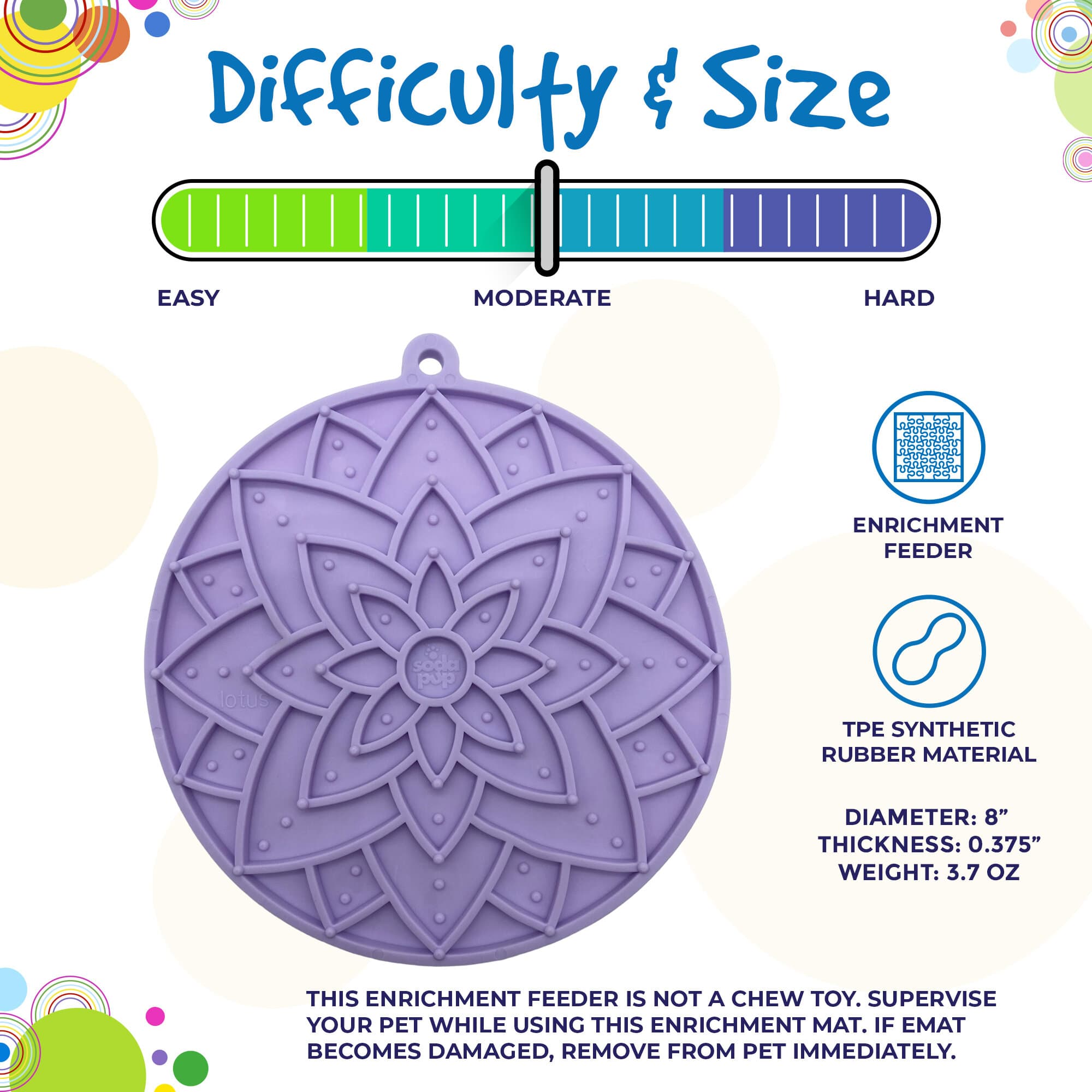 Pastel purple Lotus Design EMAT enrichment lick mat with suction cups by SodaPup/True Dogs, LLC, for dog enrichment and mental stimulation.