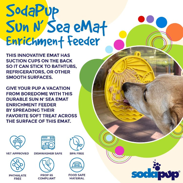 Yellow Sun n' Sea EMAT enrichment lick mat with suction cups for dogs, designed for interactive play and mental stimulation.