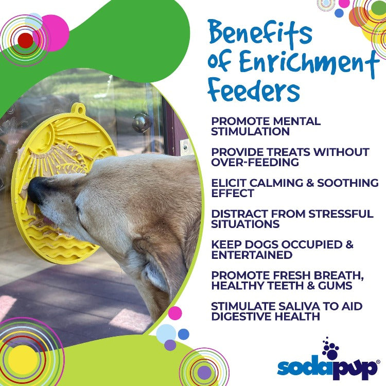Sun n' Sea EMAT enrichment lick mat by SodaPup with bright yellow surface and suction cups for dog enrichment and interactive play.