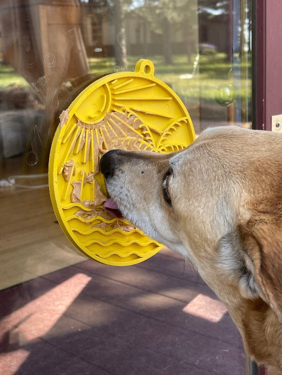 Sun n' Sea EMAT enrichment lick mat with suction cups by SodaPup, featuring a bright yellow design perfect for dogs.