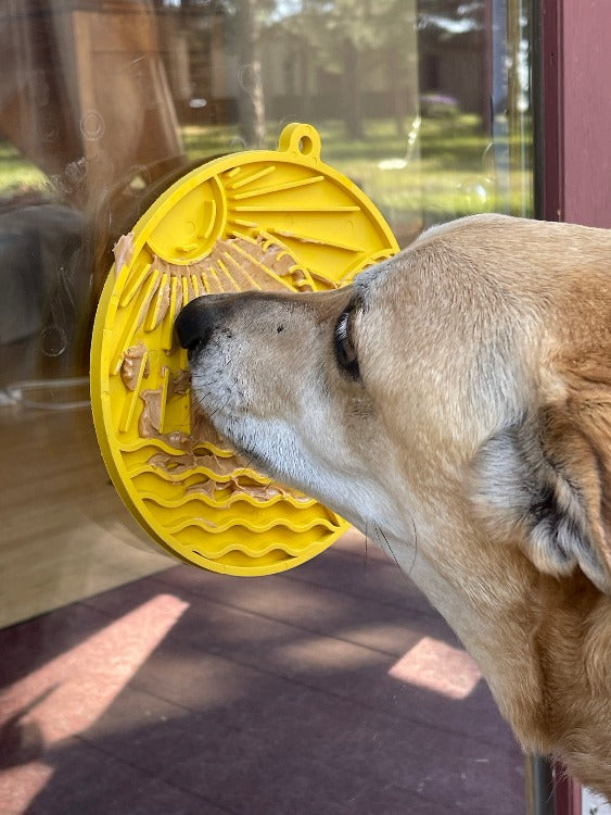 Yellow Sun n' Sea EMAT enrichment lick mat with suction cups by SodaPup/True Dogs, designed for dog enrichment and sensory play.