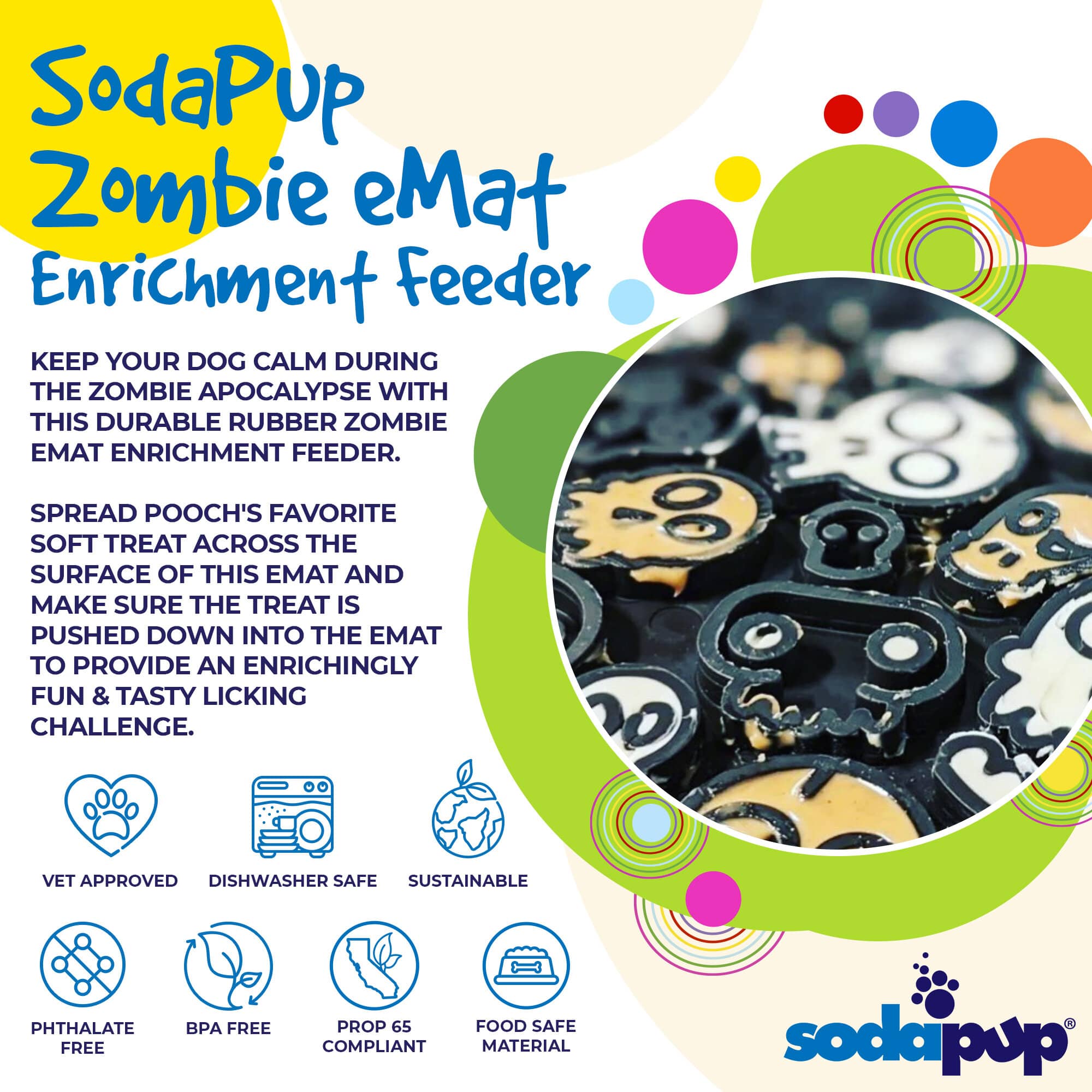 Black EMAT Zombie Design Enrichment Lick Mat by SodaPup/True Dogs, LLC, featuring a spooky zombie pattern for dogs.