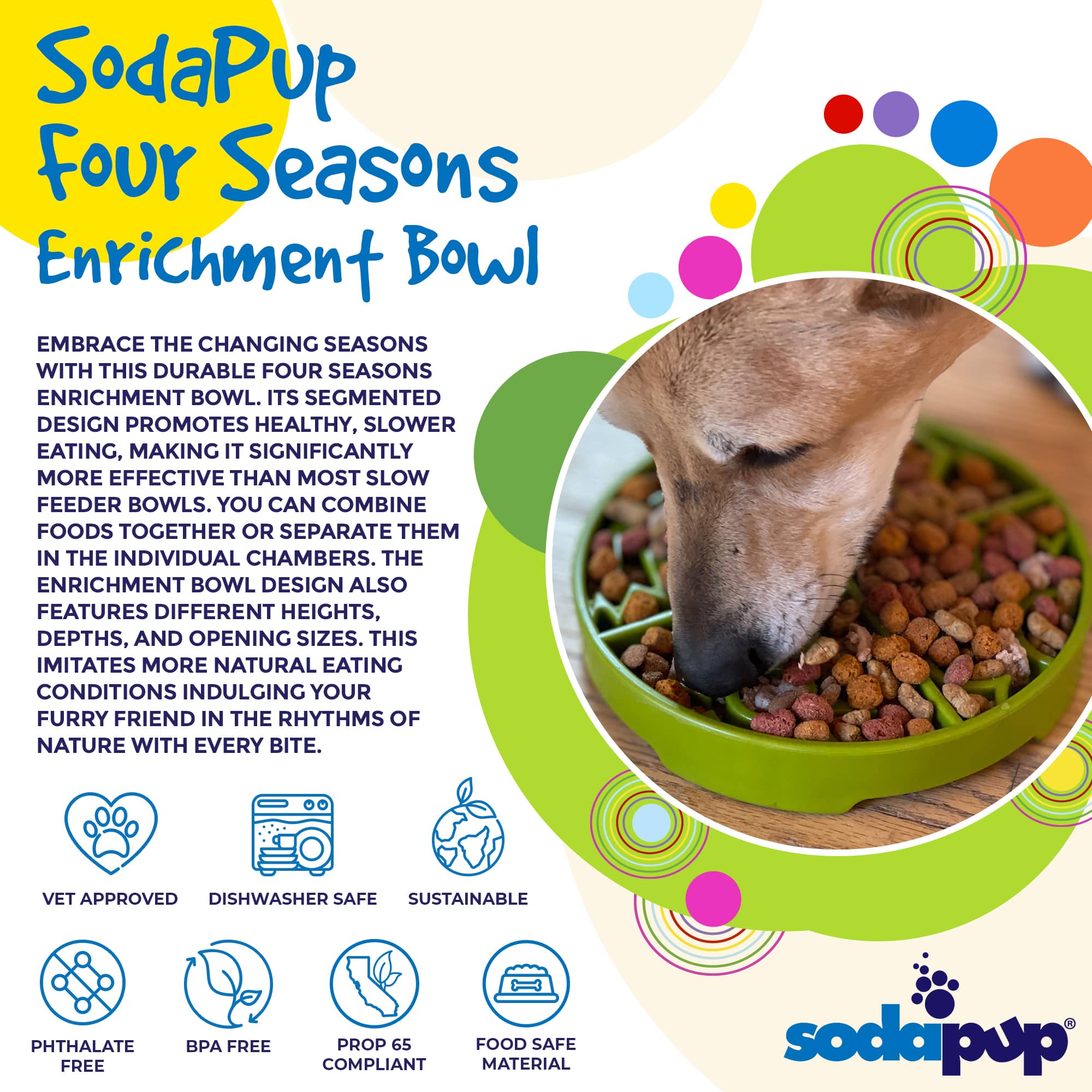 SodaPup Four Seasons Design ETRAY Enrichment Shallow Slow Feeder Dog Bowl in green with four-season pattern, made for dogs.
