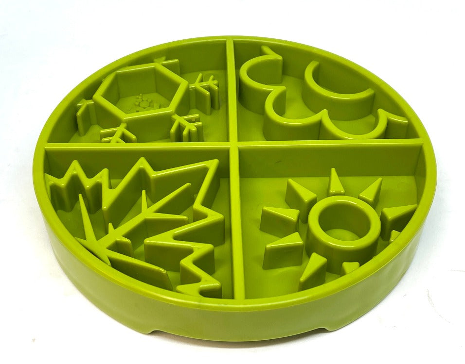 Green Four Seasons design SodaPup eTray enrichment shallow slow feeder dog bowl with four-season artwork and durable plastic construction.