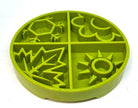 Green Four Seasons design SodaPup eTray enrichment shallow slow feeder dog bowl with four-season artwork and durable plastic construction.