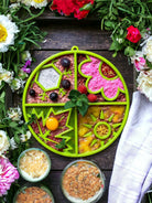 Green Four Seasons Design ETRAY enrichment shallow slow feeder dog bowl by SodaPup/True Dogs, LLC, with seasonal pattern.