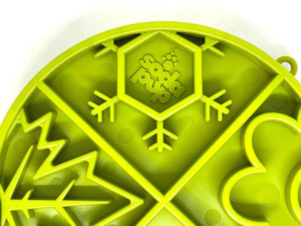 Four Seasons Design SodaPup/True Dogs LLC eTray enrichment shallow slow feeder dog bowl with green four seasons pattern.