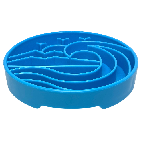 Blue Baja Design ETRAY enrichment shallow slow feeder dog bowl by SodaPup/True Dogs, LLC with textured surface for slow feeding.
