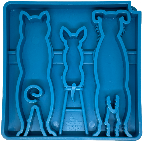 Blue Waiting Dogs Design eTray for dogs by SodaPup/True Dogs, LLC, featuring a playful dog pattern on the enrichment tray.