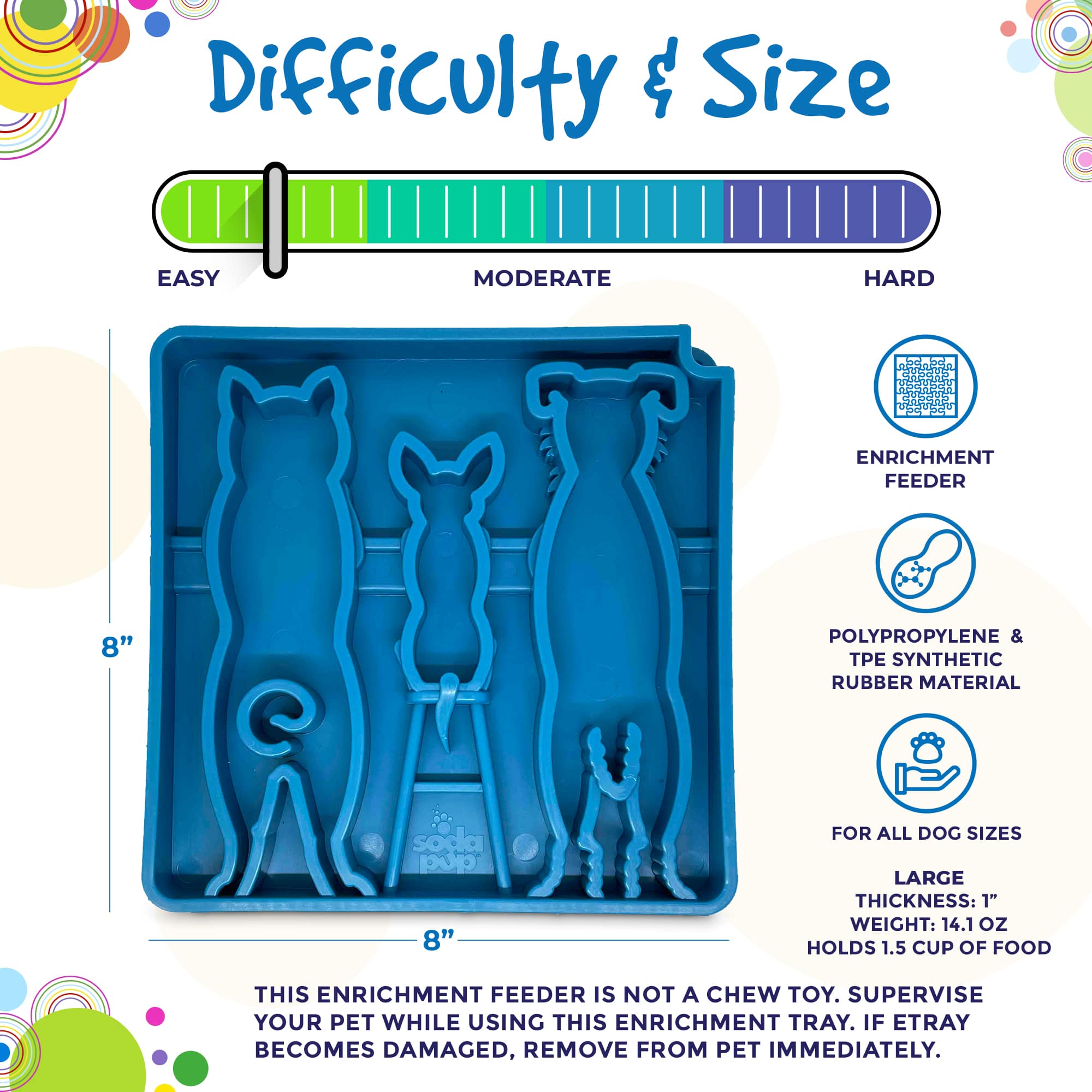 Blue Waiting Dogs Design eTray enrichment tray for dogs by SodaPup, featuring a playful dog pattern on durable plastic.