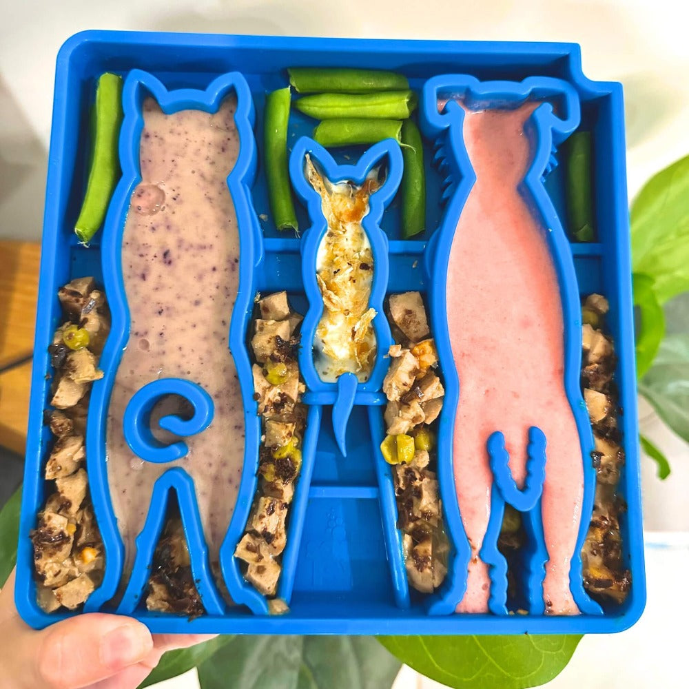 Blue Waiting Dogs Design eTray enrichment tray for dogs by SodaPup/True Dogs, LLC, featuring a playful dog illustration.