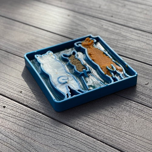 Blue Waiting Dogs Design eTray by SodaPup for dog enrichment, featuring a playful dog-themed pattern on a durable plastic tray.