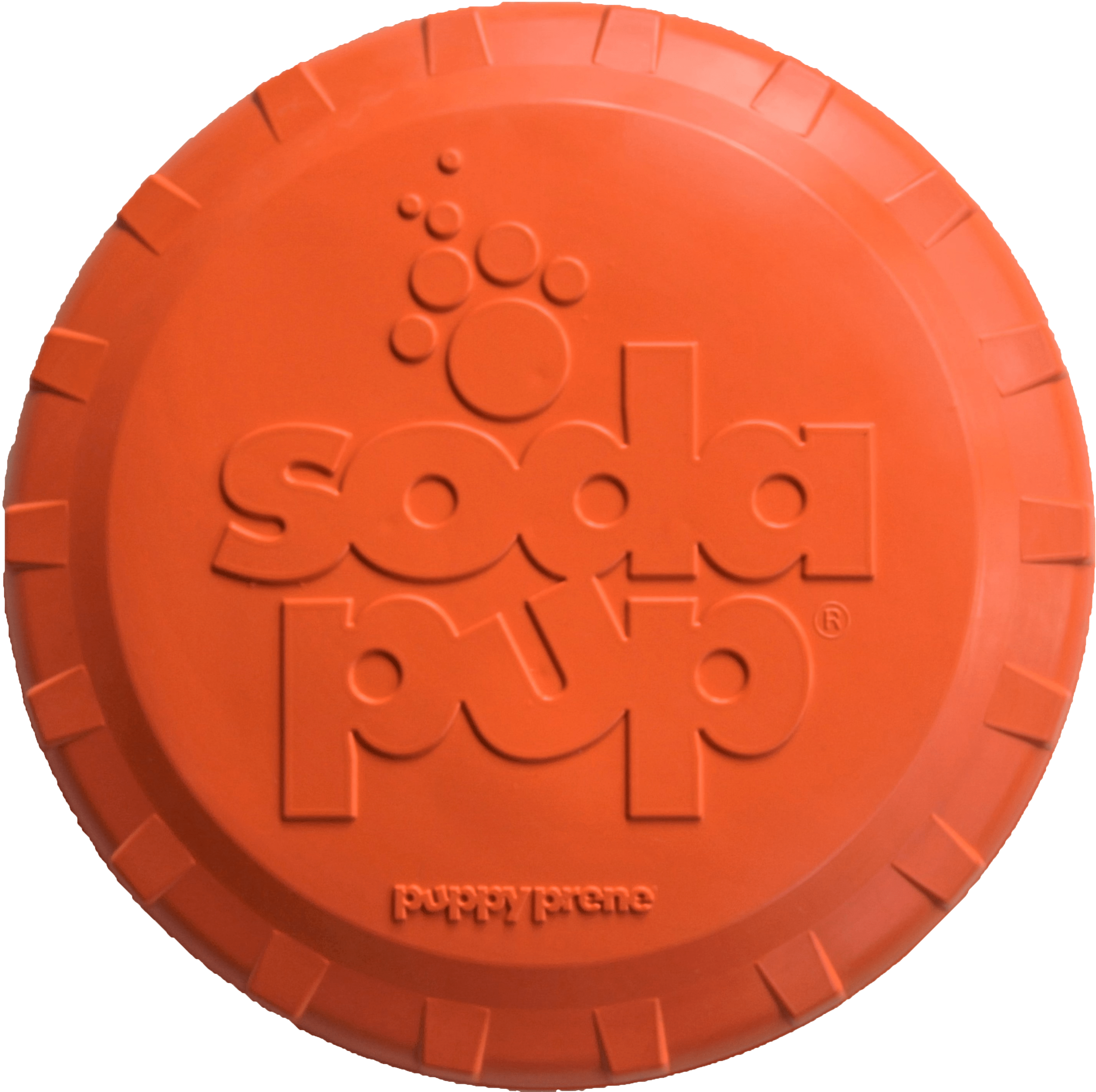 Orange Rubber Bottle Top Flyer dog toy by SodaPup, durable retrieving frisbee for dogs, 9.75-inch rubber dog toy.