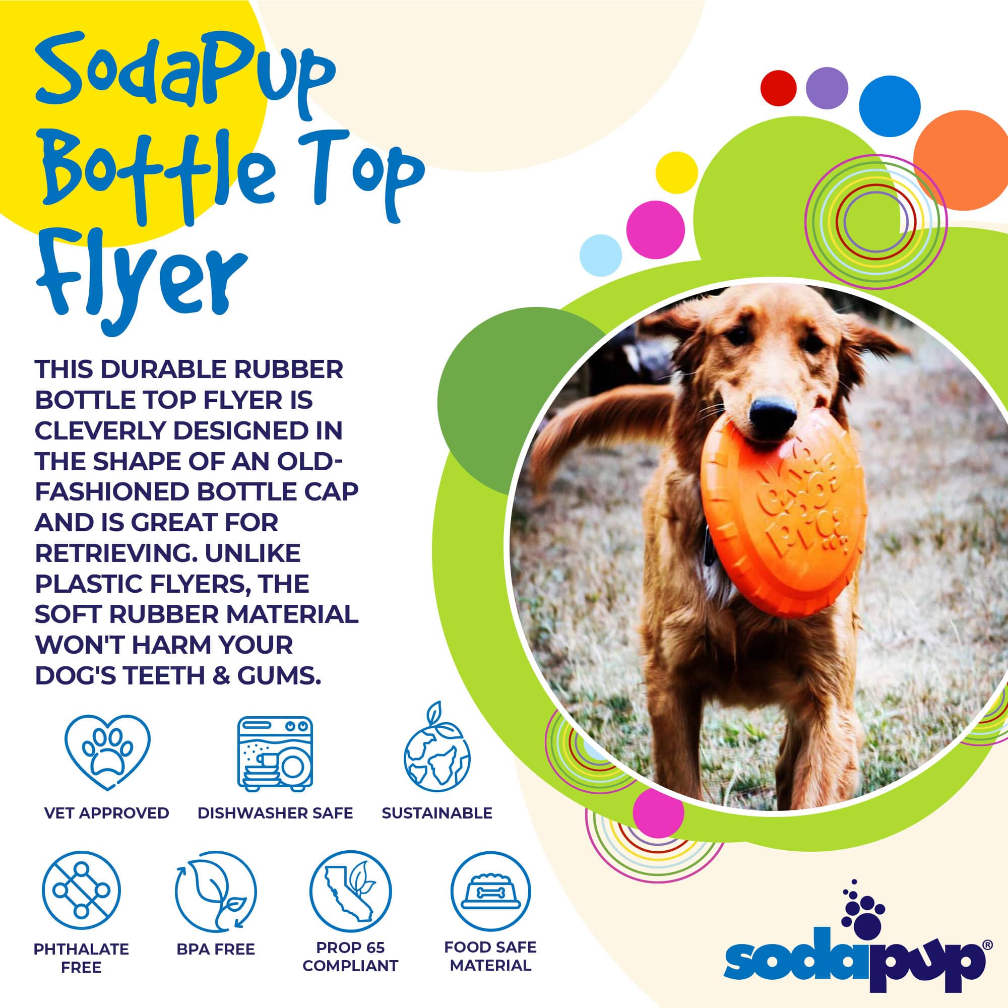 Orange Rubber Bottle Top Flyer dog toy from SodaPup/True Dogs, durable rubber frisbee for retrieving and play.
