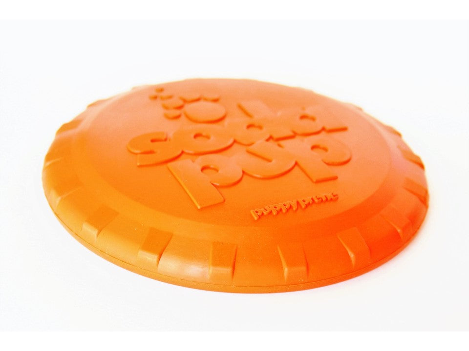 Orange Rubber Bottle Top Flyer dog toy by SodaPup, durable retrieving frisbee for dogs, 9.75-inch rubber flying disc.