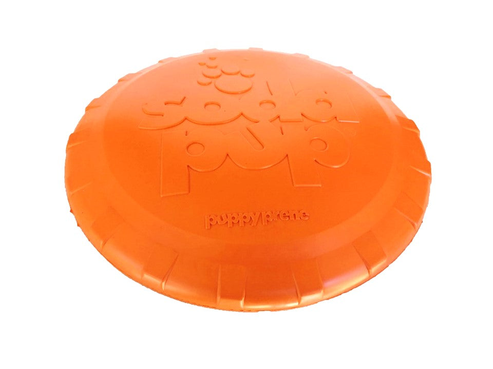 Orange Rubber Bottle Top Flyer by SodaPup, durable retrieving frisbee for dogs, made of tough rubber for outdoor play.