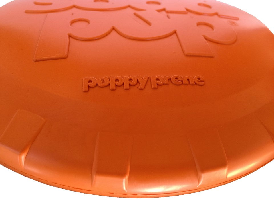 Orange Rubber Bottle Top Flyer dog toy by SodaPup, durable retrieving frisbee for dogs, 9.75-inch rubber disc.