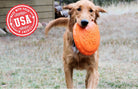Orange SodaPup Rubber Dog Toy Bottle Top Flyer, durable retrieving frisbee for dogs, 9.75-inch diameter rubber frisbee.