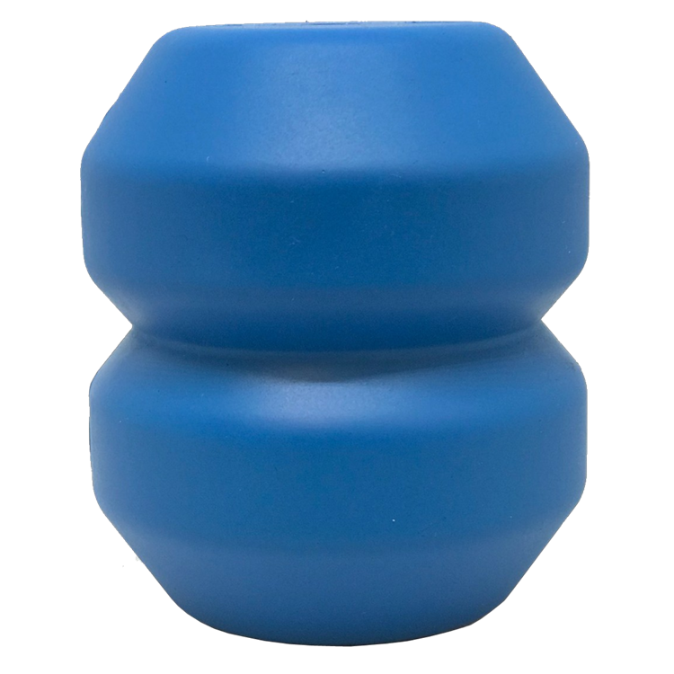 Blue SodaPup Double Trouble durable rubber dog chew toy and treat dispenser with textured surface for engaging play and mental stimulation.