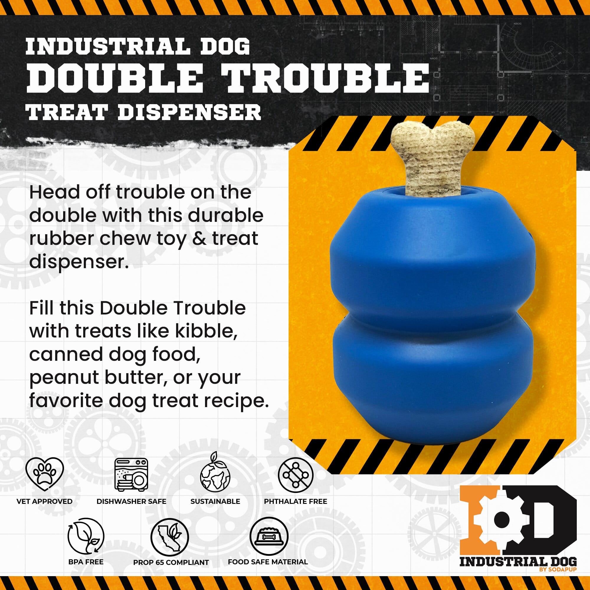 Blue Double Trouble durable rubber dog toy and treat dispenser by SodaPup/True Dogs, LLC, designed for chewing and interactive play.