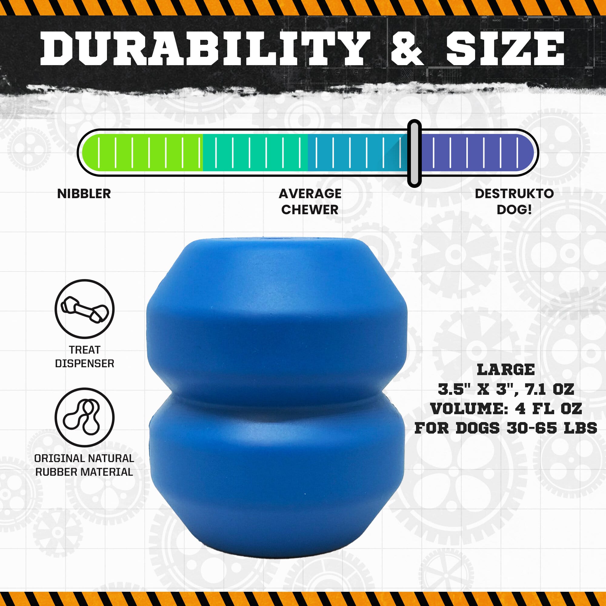 Blue Double Trouble durable rubber dog chew toy and treat dispenser by SodaPup/True Dogs, LLC, with textured surface for chewing.