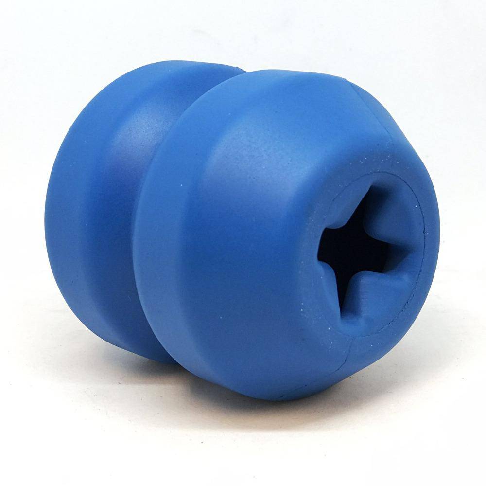 Blue Double Trouble durable rubber dog chew toy and treat dispenser from SodaPup/True Dogs, LLC, designed for interactive play.