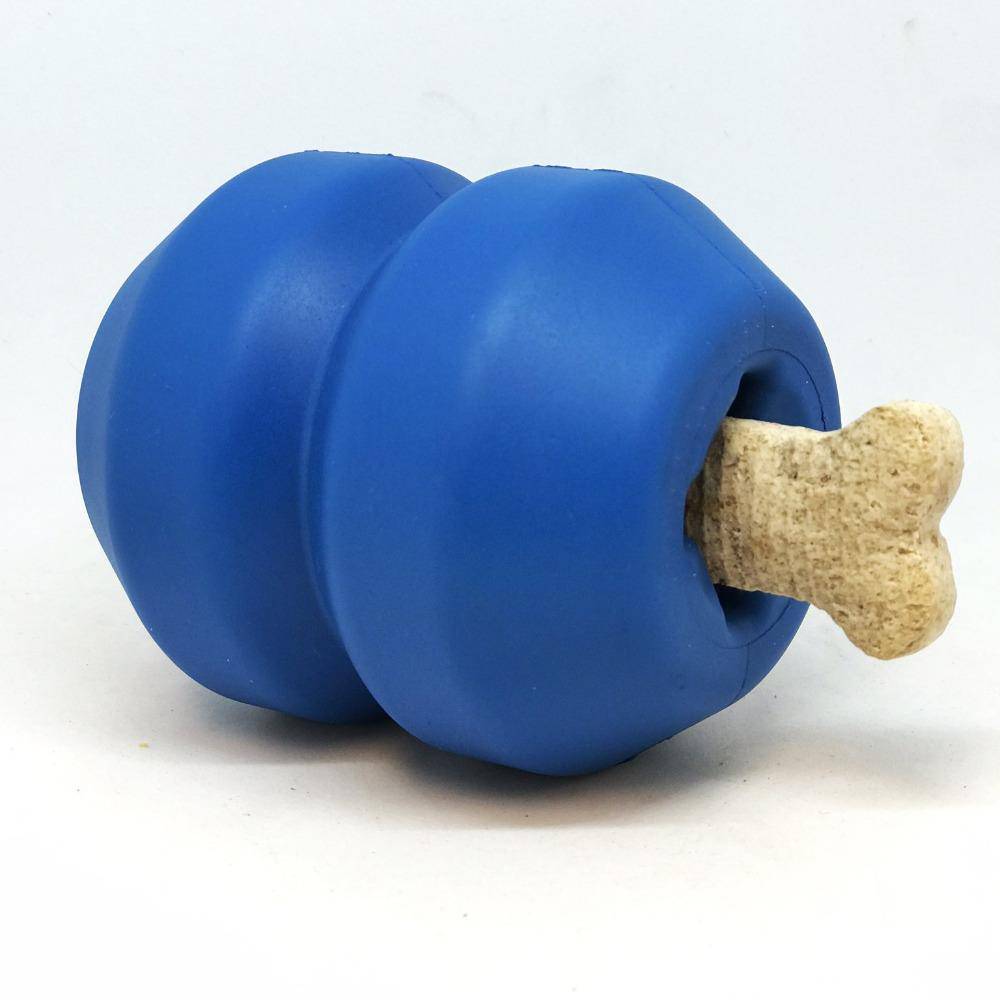Blue Double Trouble durable rubber dog chew toy and treat dispenser by SodaPup/True Dogs, LLC, with textured surface for chewing.