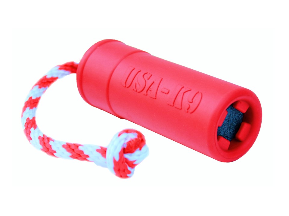 Red USA-K9 Firecracker durable rubber floating training dummy for dogs, large size, ideal for fetch and water training.