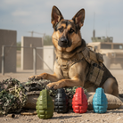 Red USA-K9 Grenade rubber dog toy and treat dispenser by SodaPup, durable chew toy for dogs with textured surface.