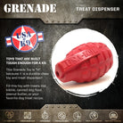 Red USA-K9 Grenade rubber dog toy and treat dispenser by SodaPup/True Dogs, LLC, shown as a durable, textured chew toy for dogs.