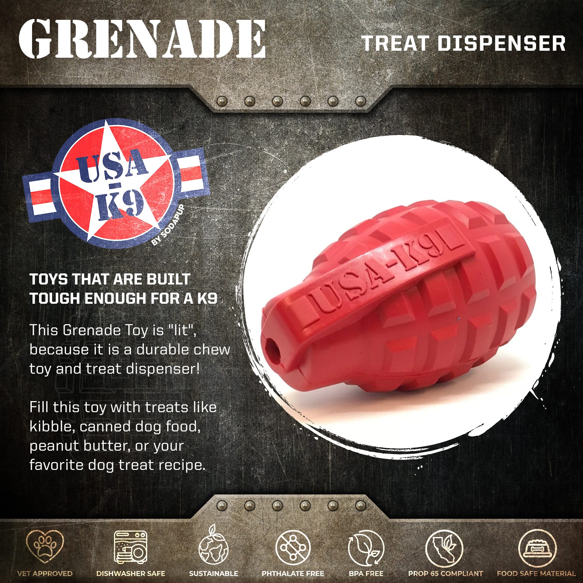 Red USA-K9 Grenade rubber dog toy and treat dispenser by SodaPup/True Dogs, LLC, shown as a durable, textured chew toy for dogs.