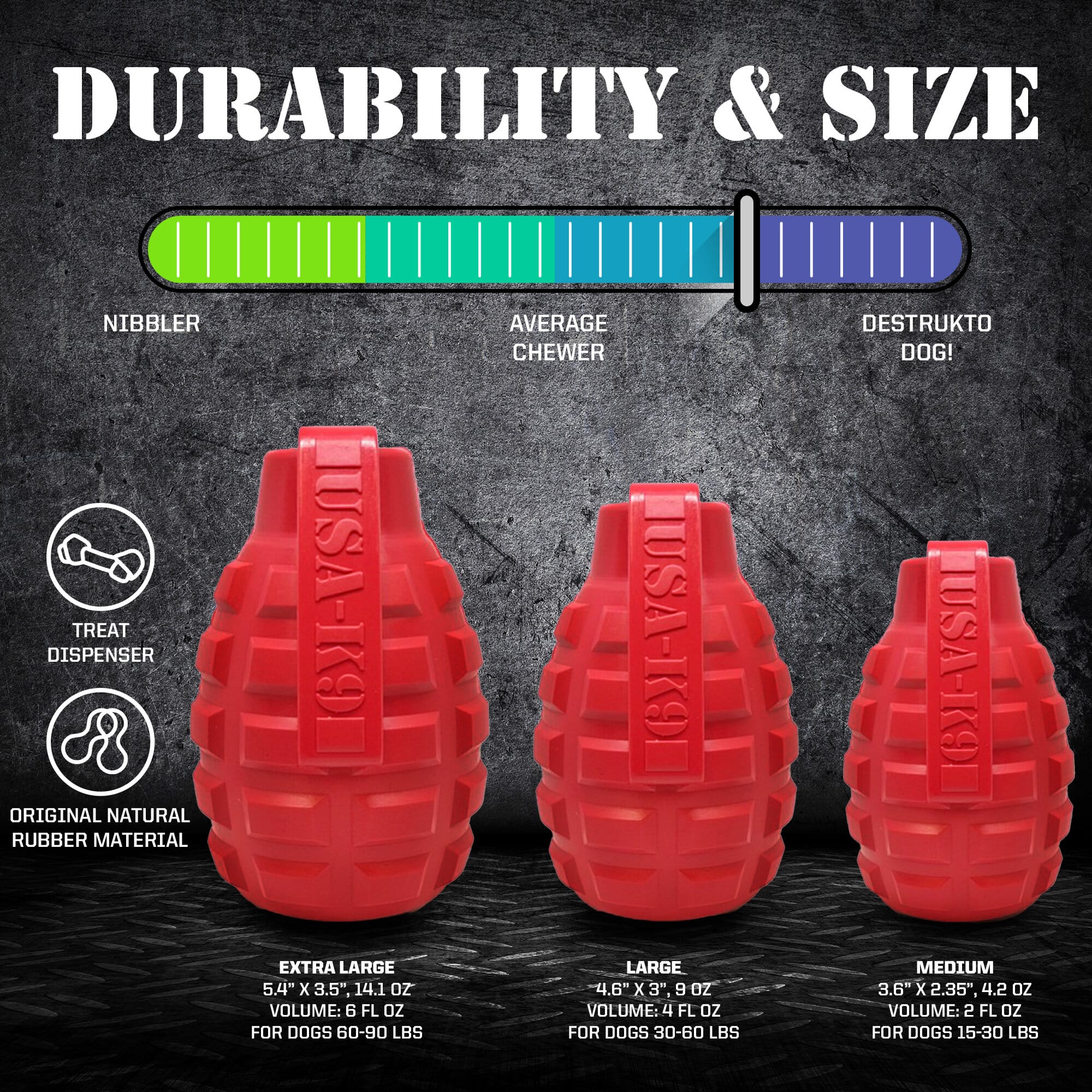 Red USA-K9 Grenade rubber dog toy and treat dispenser by SodaPup, durable chew toy with textured surface for interactive play.