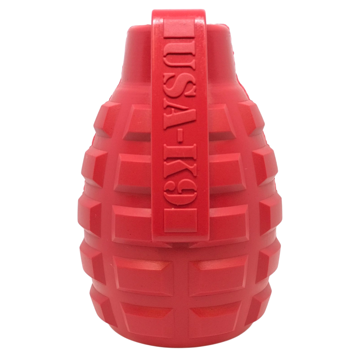 Red USA-K9 Grenade rubber dog toy by SodaPup, durable chew toy and treat dispenser for dogs, with textured rubber surface.