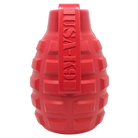 Red USA-K9 Grenade rubber dog toy by SodaPup, durable chew toy and treat dispenser for dogs, with textured rubber surface.