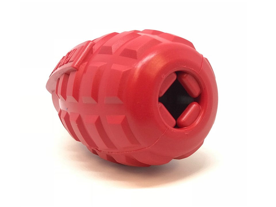 Red USA-K9 Grenade rubber dog toy and treat dispenser by SodaPup, featuring durable rubber and a playful grenade shape.