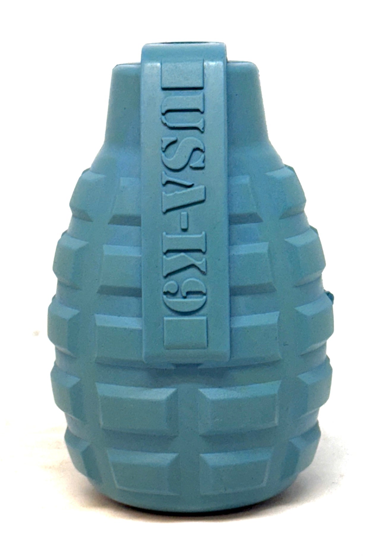 Red SodaPup USA-K9 Grenade rubber dog toy and treat dispenser, durable chew toy with textured surface for dogs.